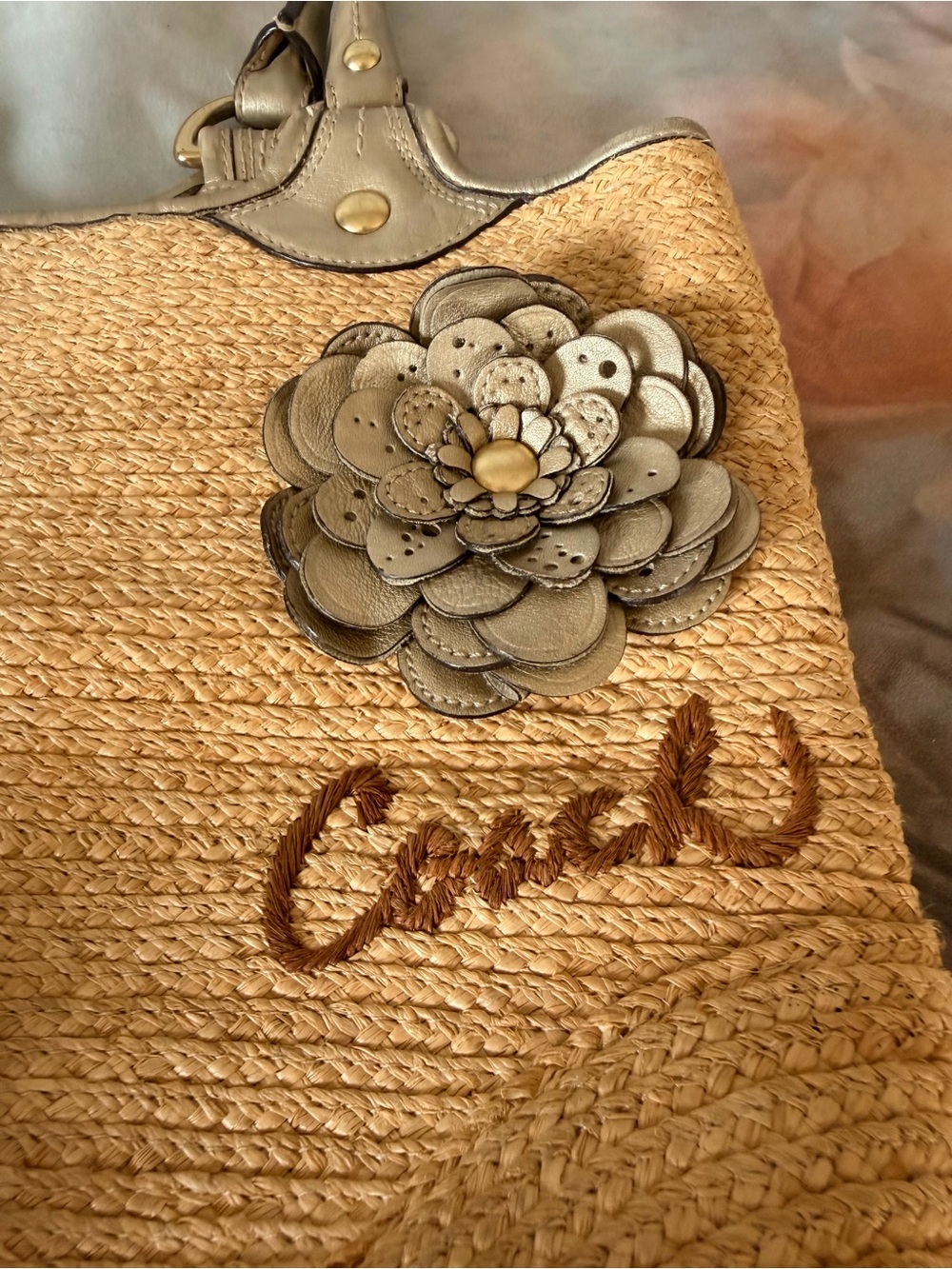 Coach Beige Straw Tote with Leather Handles and Floral Appliqué - Picture 5 of 8